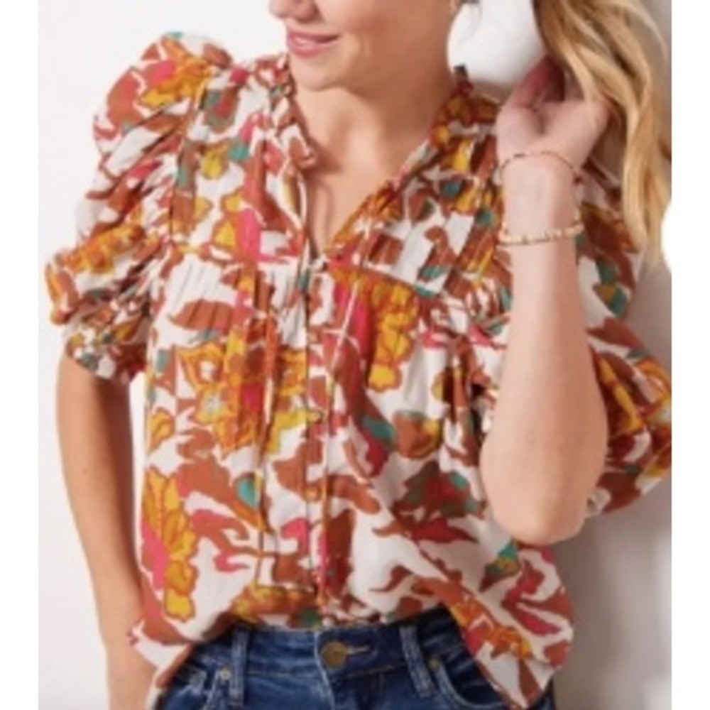 Cleobella Zola Blouse Women Medium Multicolor Floral Puff Sleeve Cotton